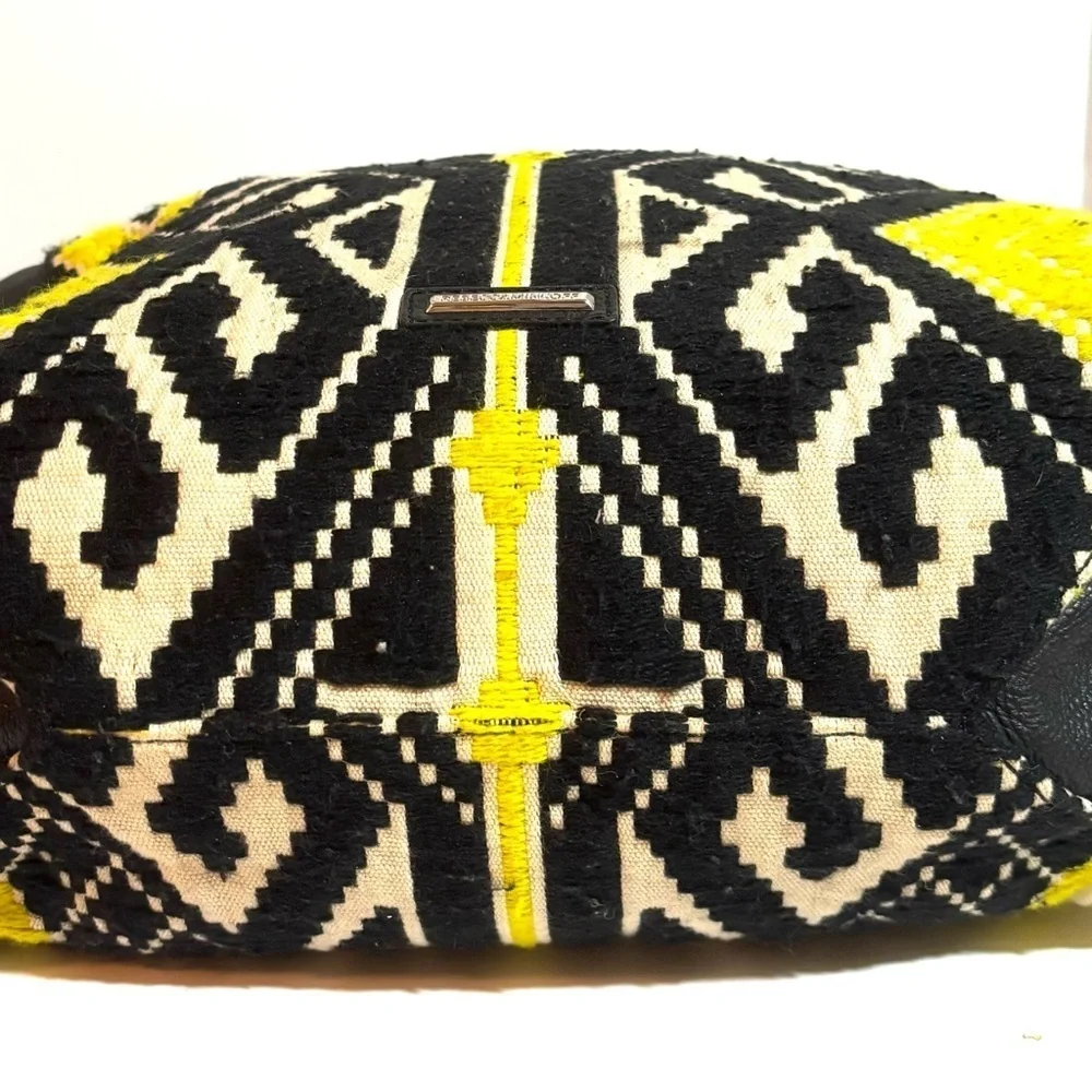 Rebecca Mankoff Black woven canvas leather and Yellow Patterned Tote Bag